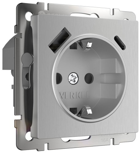 Розетка с заземлением +2хUSB тип A+С без рамки Werkel 1-м. шторки серебряный рифленый фото Розетка с заземлением +2хUSB тип A+С без рамки Werkel 1-м. шторки серебряный рифленый картинка